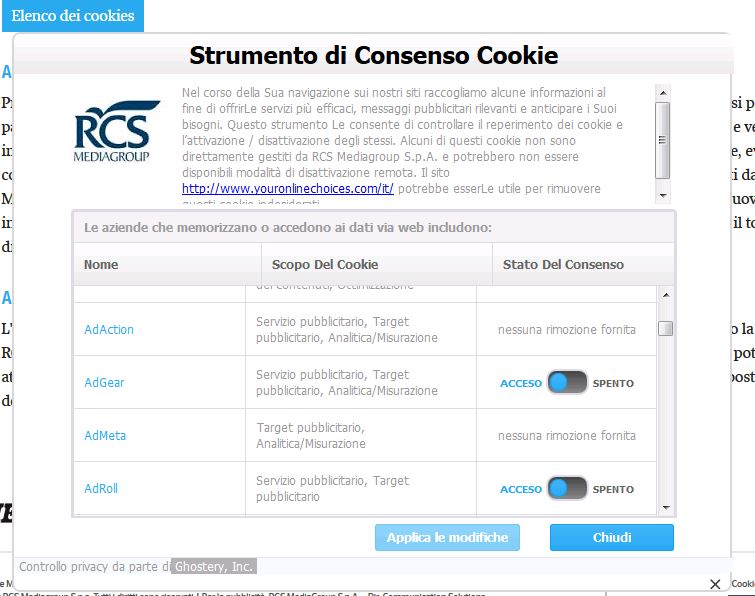Gestione dei cookies su Corriere.it